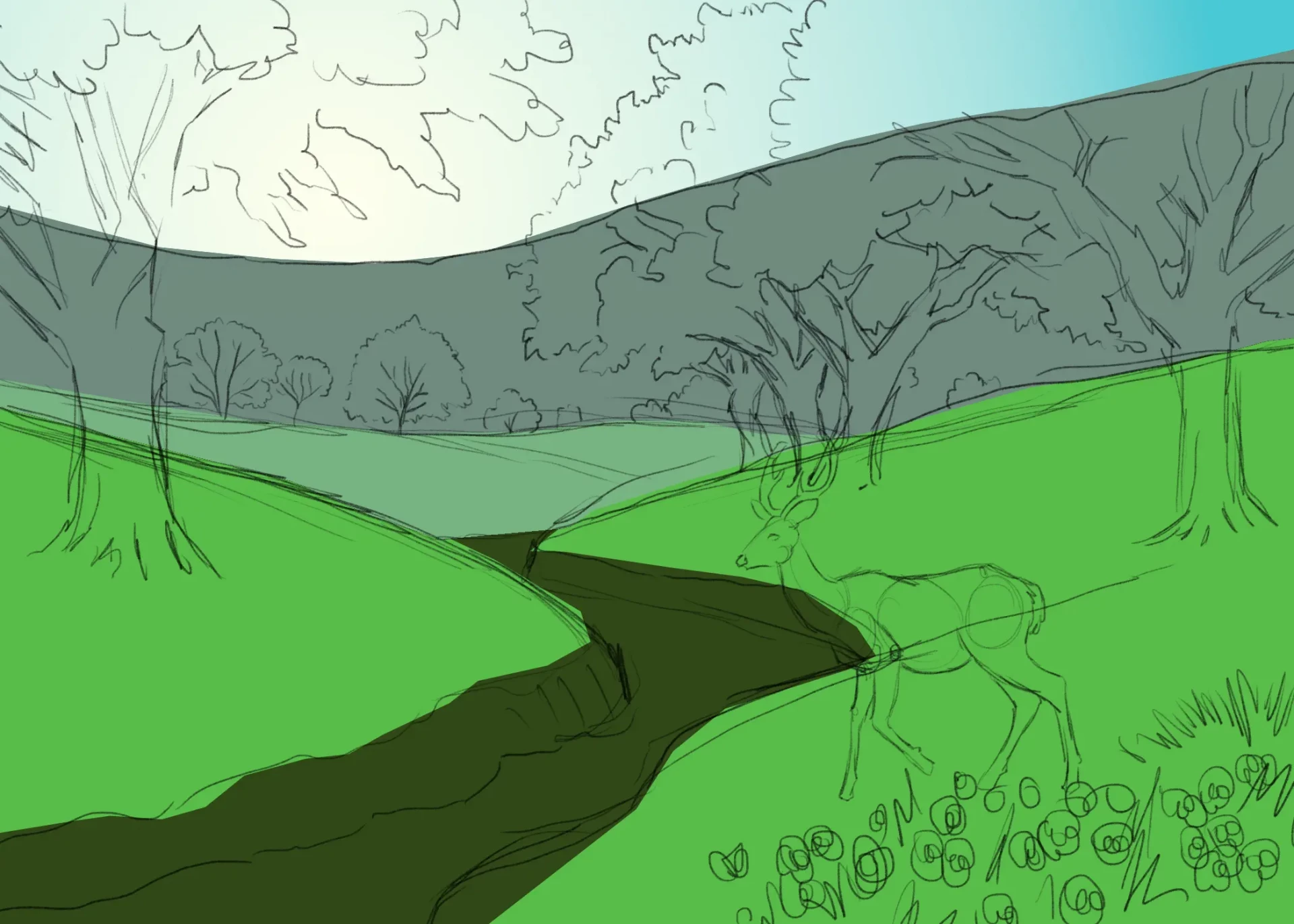 dessiner les montagnes d’un paysage printanier