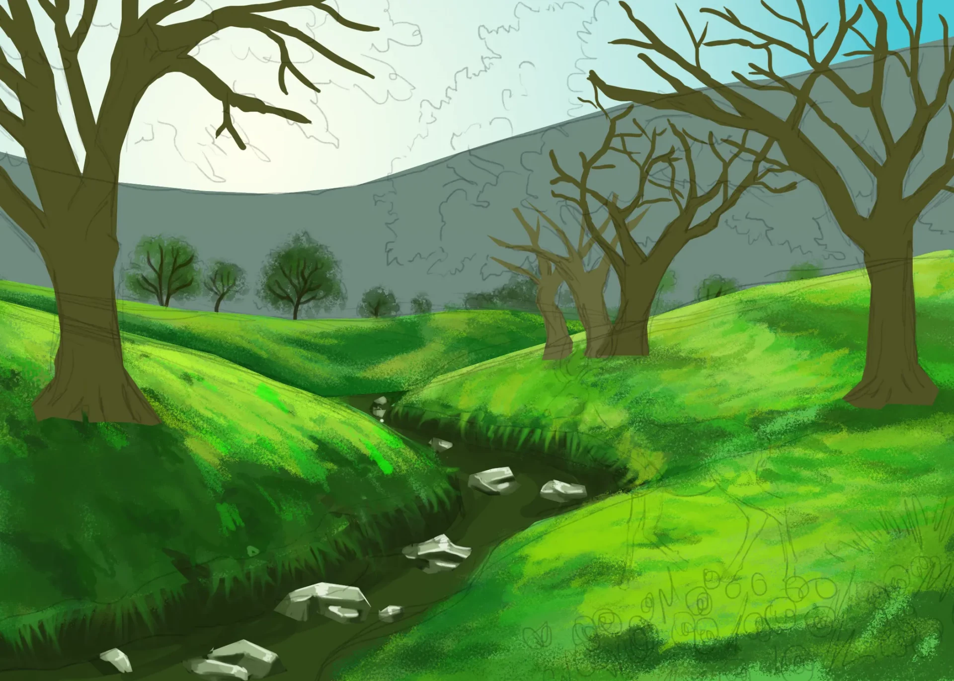 dessiner les rochers d’un paysage printanier