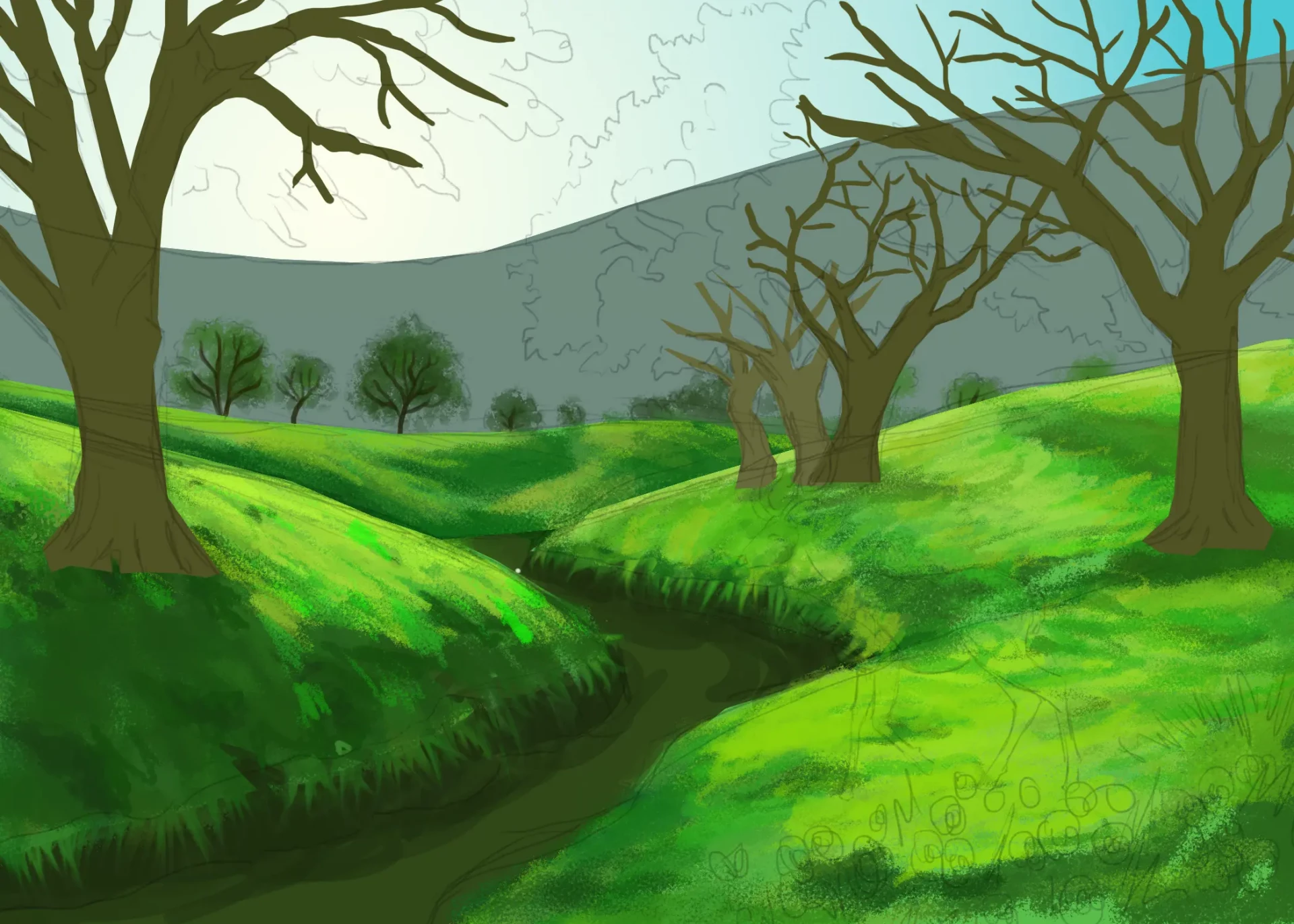 dessiner la texture d’un paysage printanier