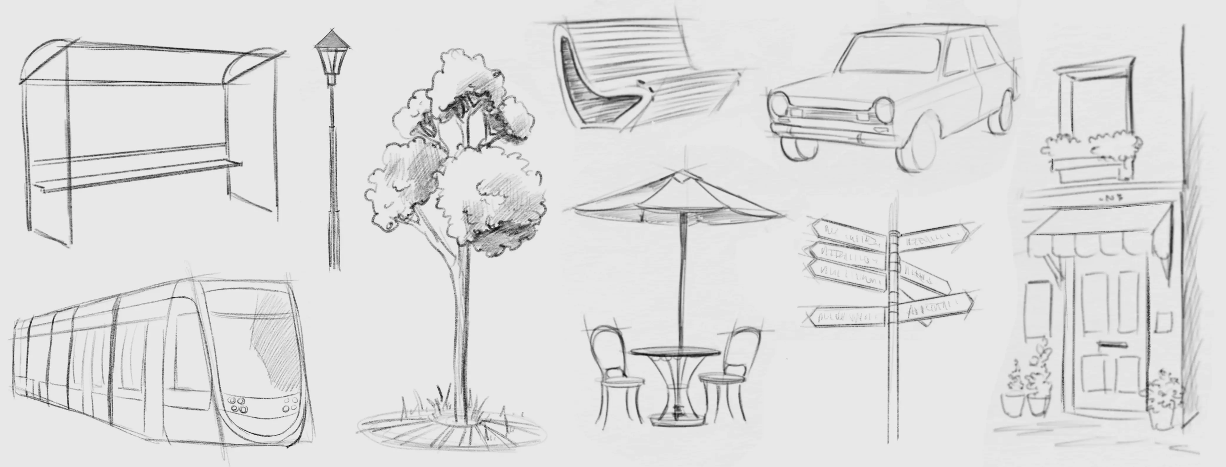 croquis d’éléments urbains pour créer des paysages