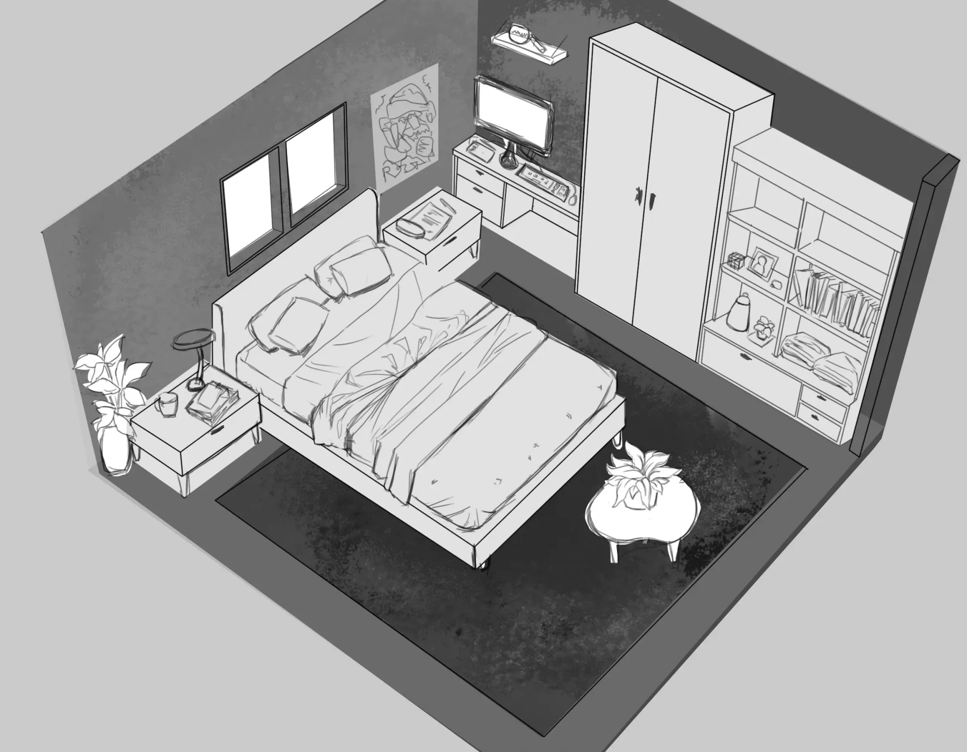 dessin d’une chambre en perspective vue de haut