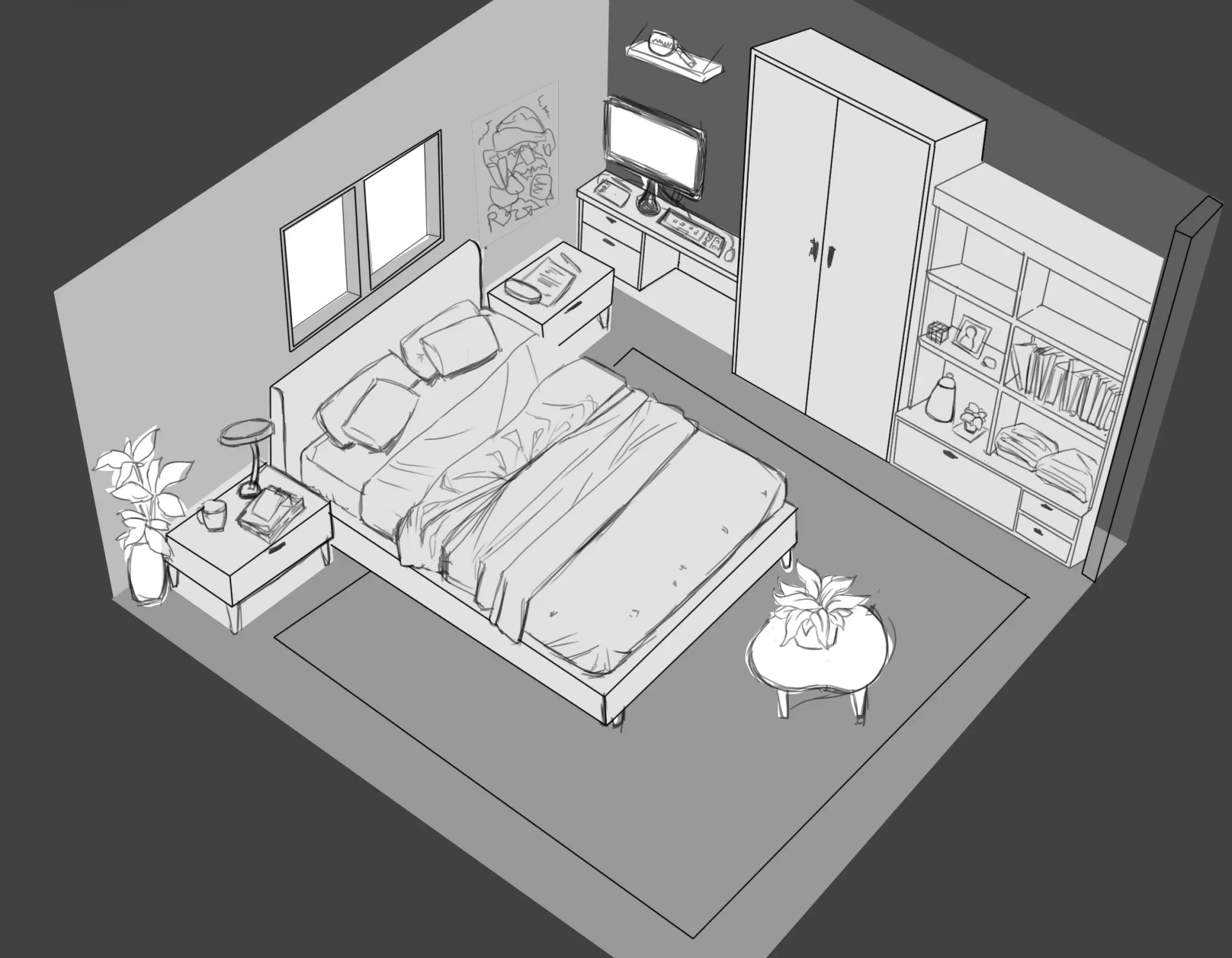 dessiner les meubles d’une chambre en perspective vue de haut