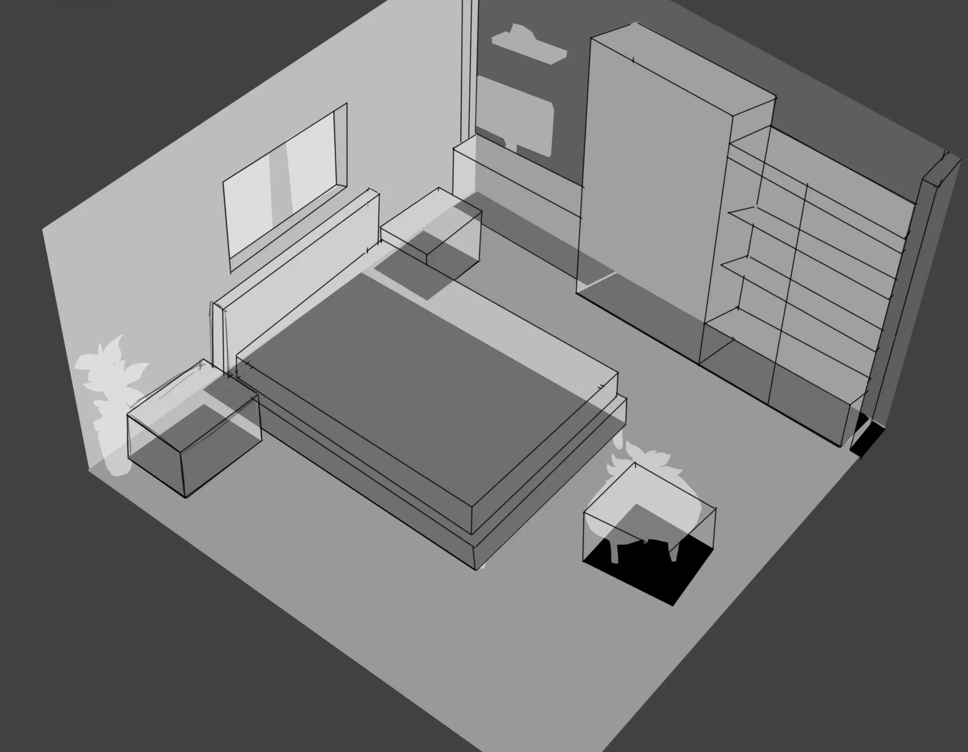 dessiner les objets d’une chambre en perspective vue de haut