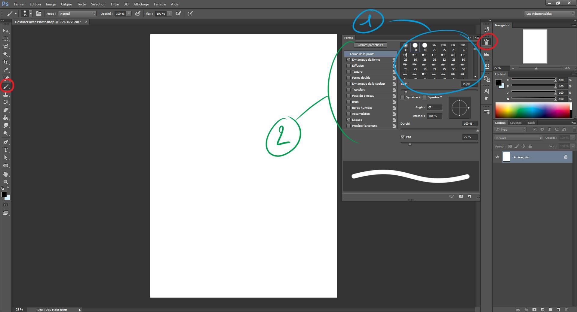 Présentation du pinceau et du bruch pour dessiner sur photoshop