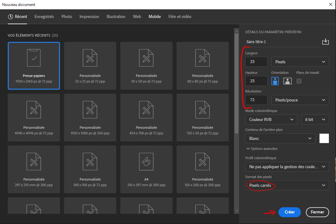 création d’un fichier sur photoshop en vue du dessin de pixel art 2