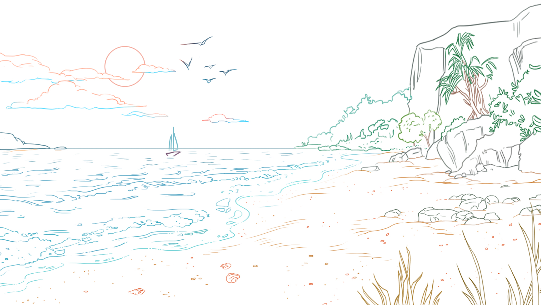 dessiner le soleil, les nuages et les oiseaux