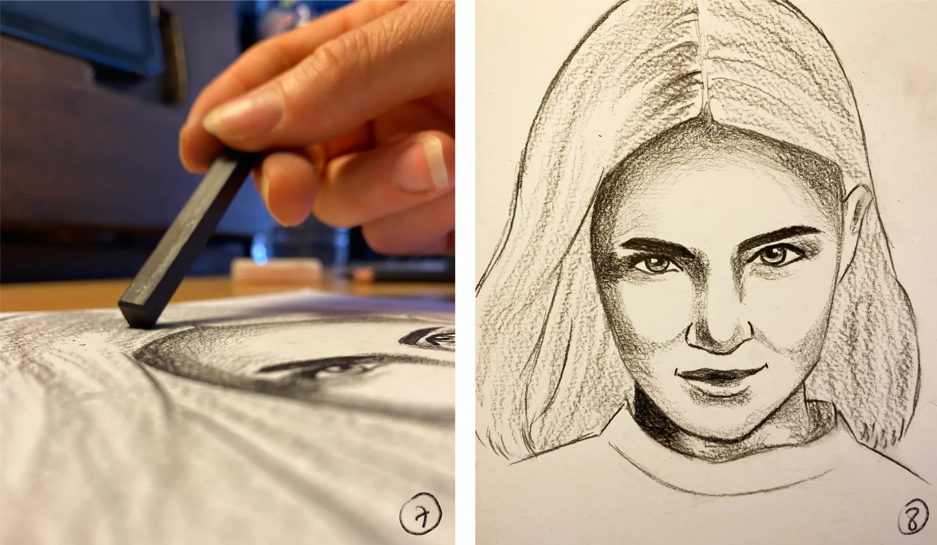 dessiner les cheveux d’un portrait de femme au fusain