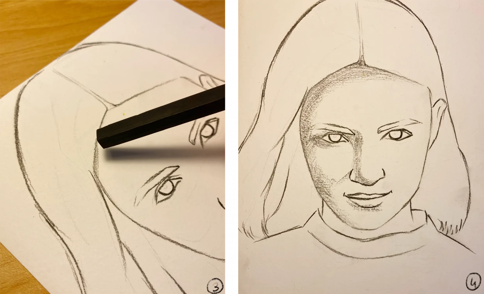 dessiner les ombres d’un portrait de femme au fusain