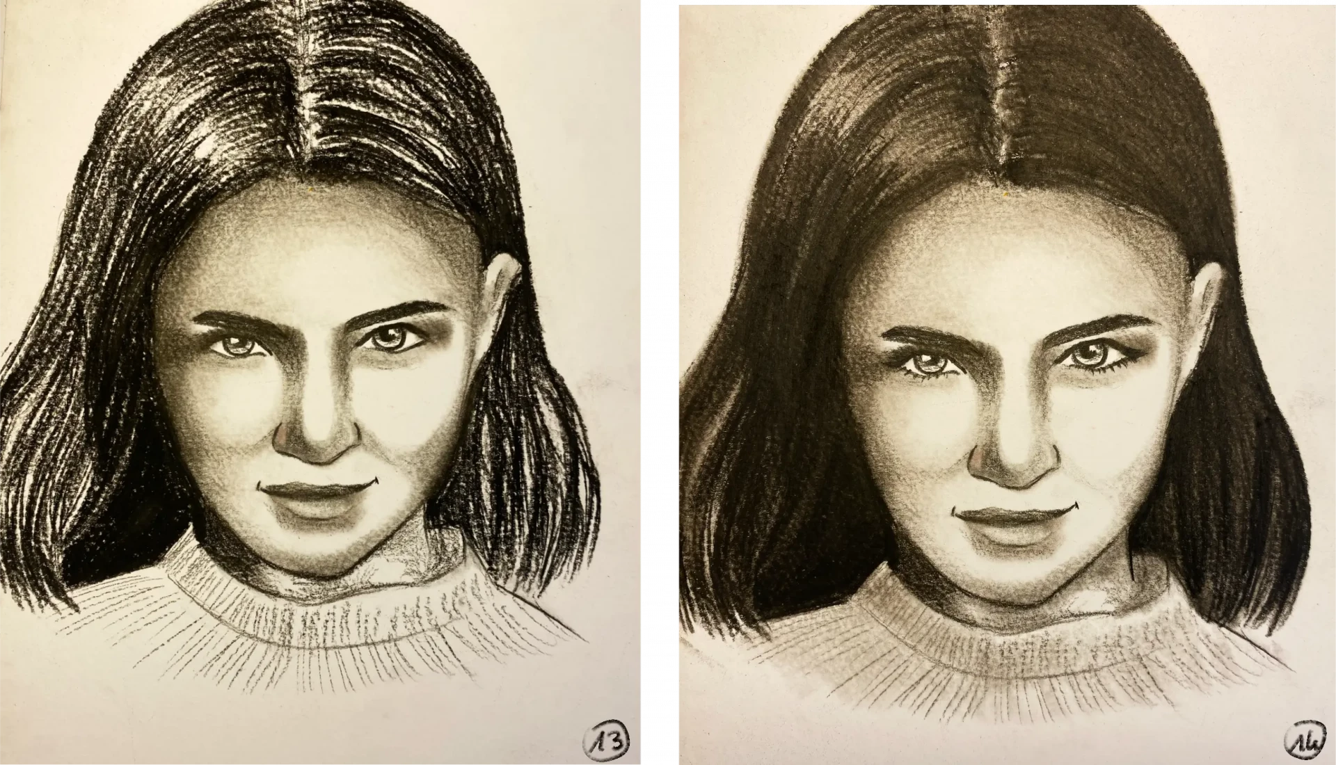 dessin d’un portrait de femme au fusain