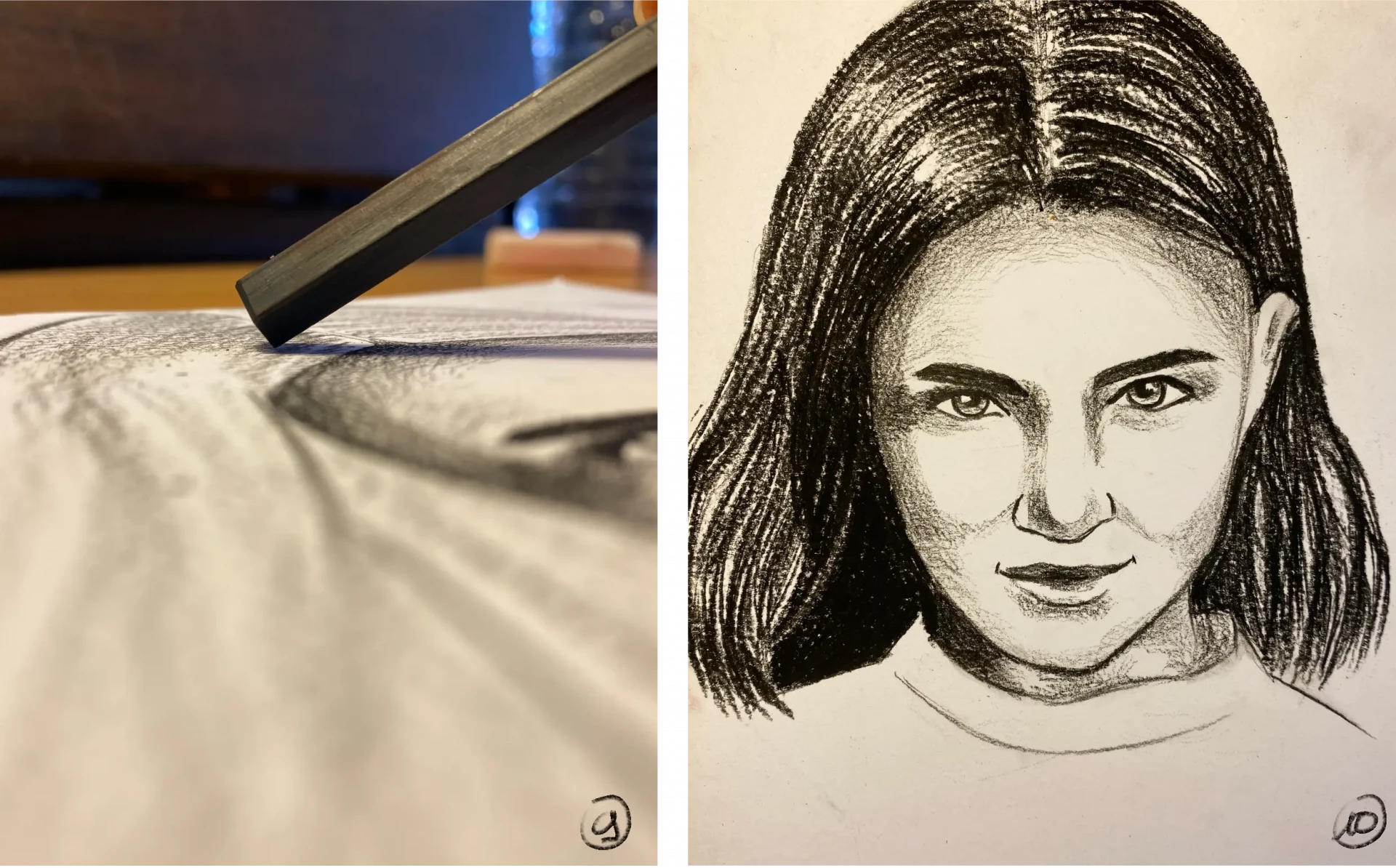 dessiner les reflets d’un portrait de femme au fusain