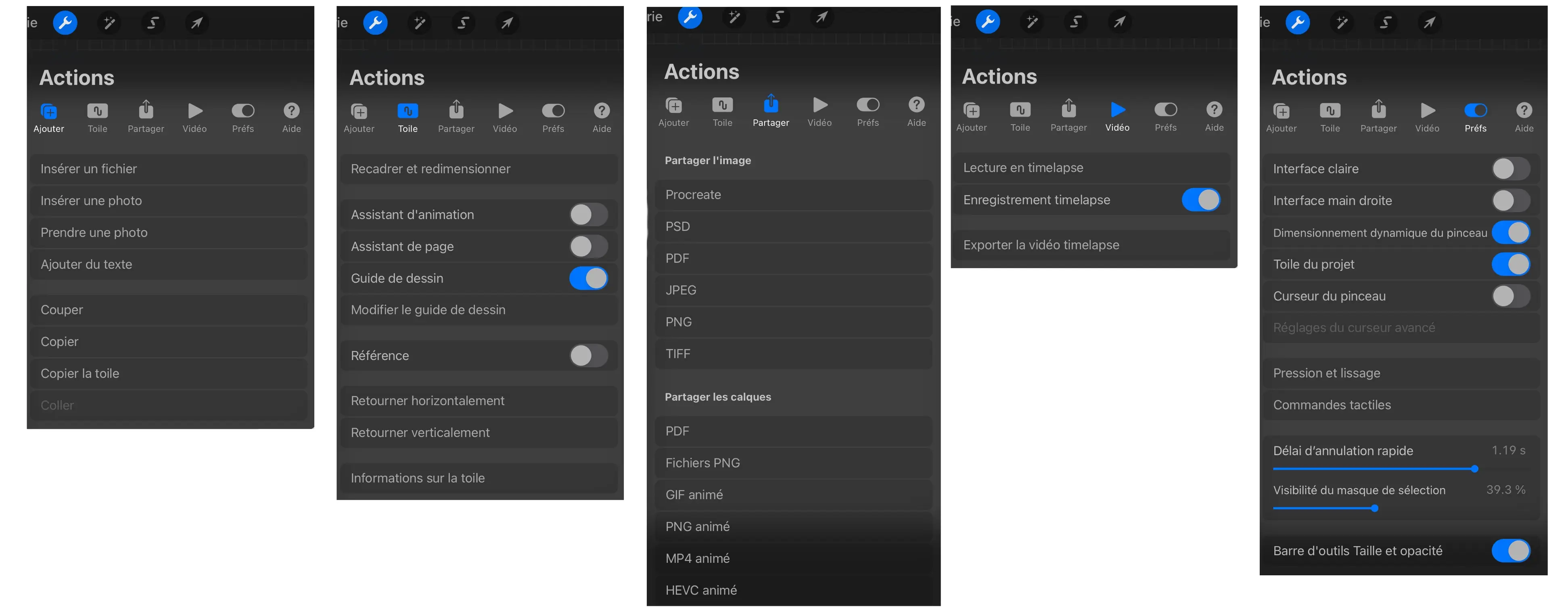 le menu actions pour dessiner avec procreate