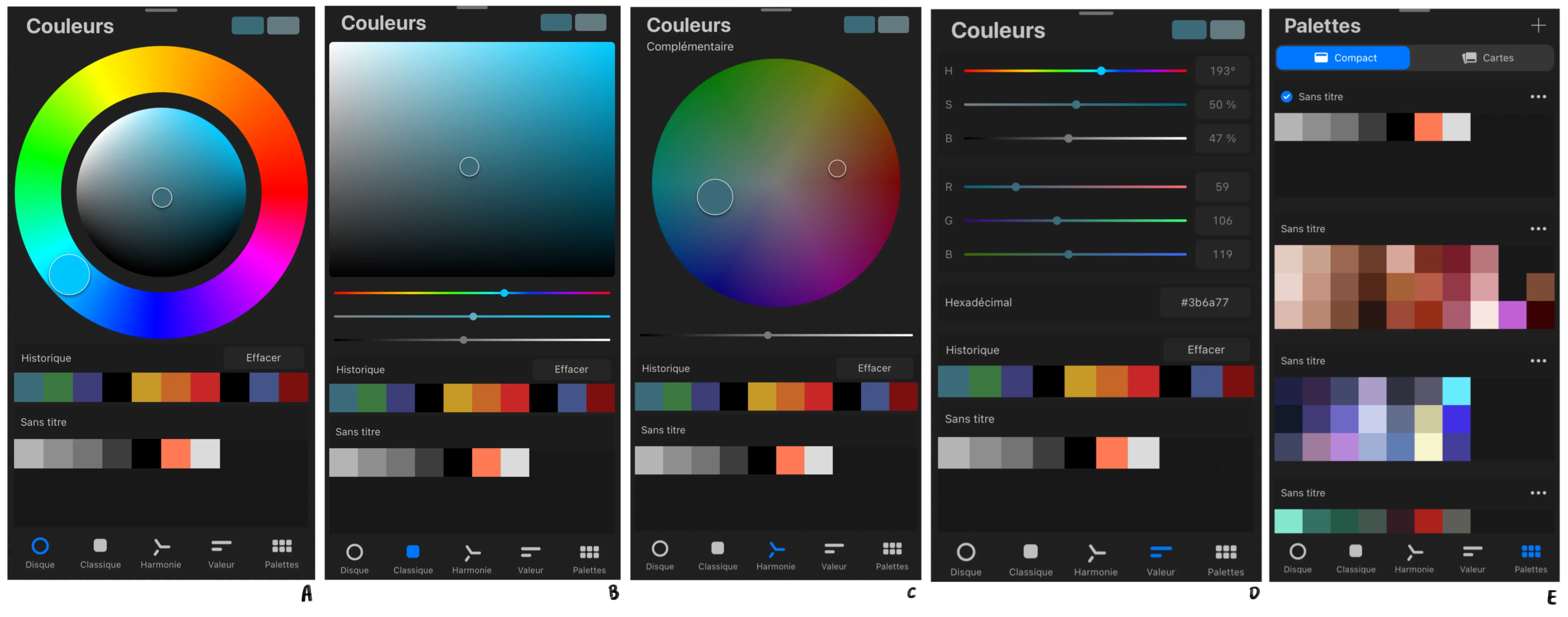 les panneaux de couleurs pour dessiner sur procreate