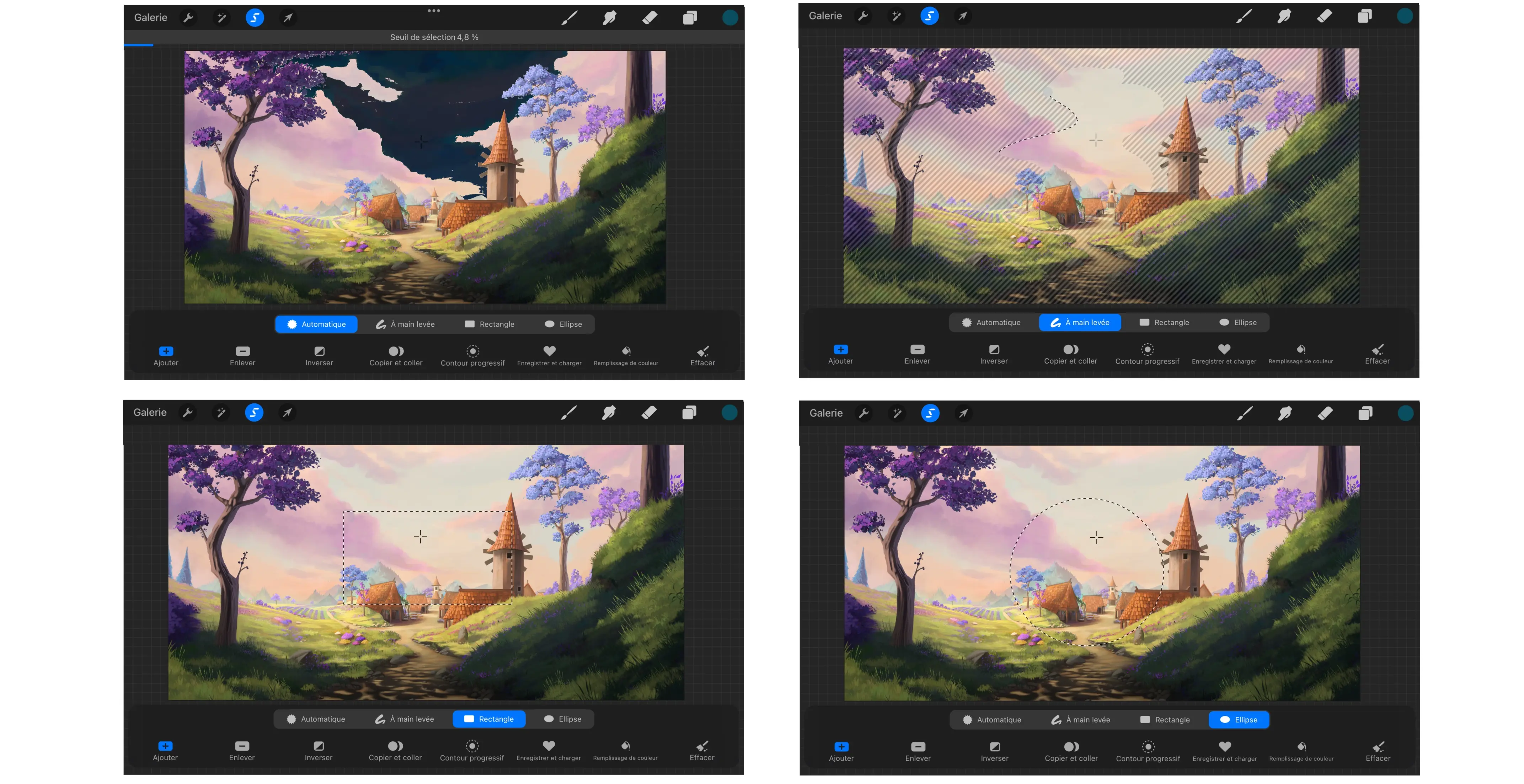 le menu sélections pour dessiner avec procreate
