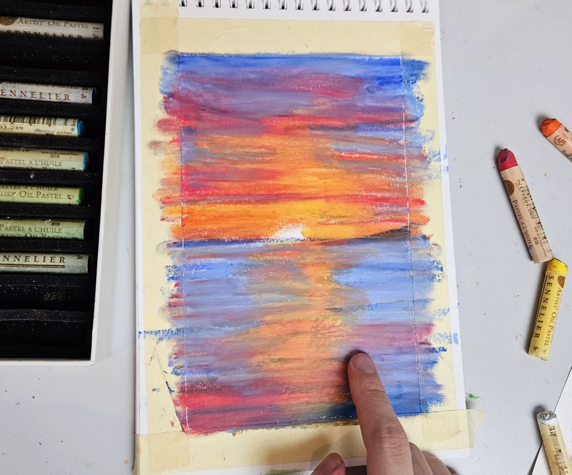 dessiner la mer au coucher du soleil avec des pastels à l’huile