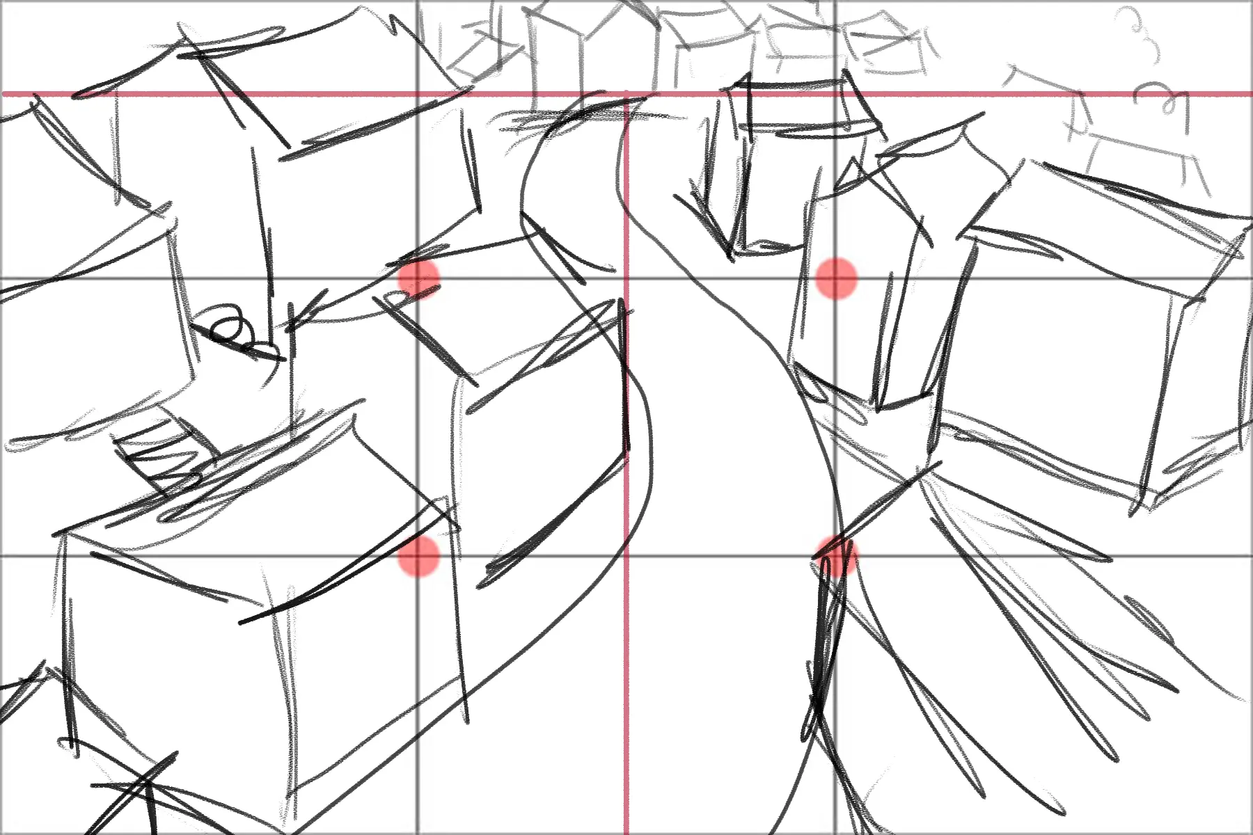 dibujar las casas de un pueblo en el fondo