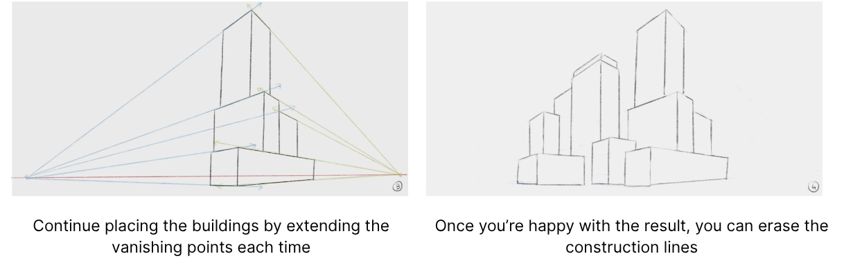 drawing of the buildings of a city in perspective