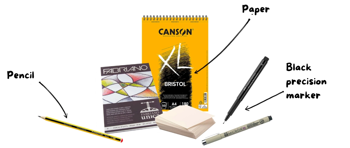 the materials for drawing the zentangle